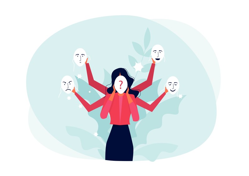 imposter syndrome: graphic image of cartoon woman holding up several face masks